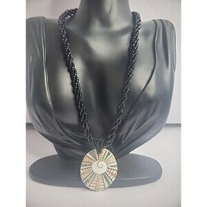 Vintage Beaded Black Twisted Necklace Shell Pendant Abalone Design Jewelry